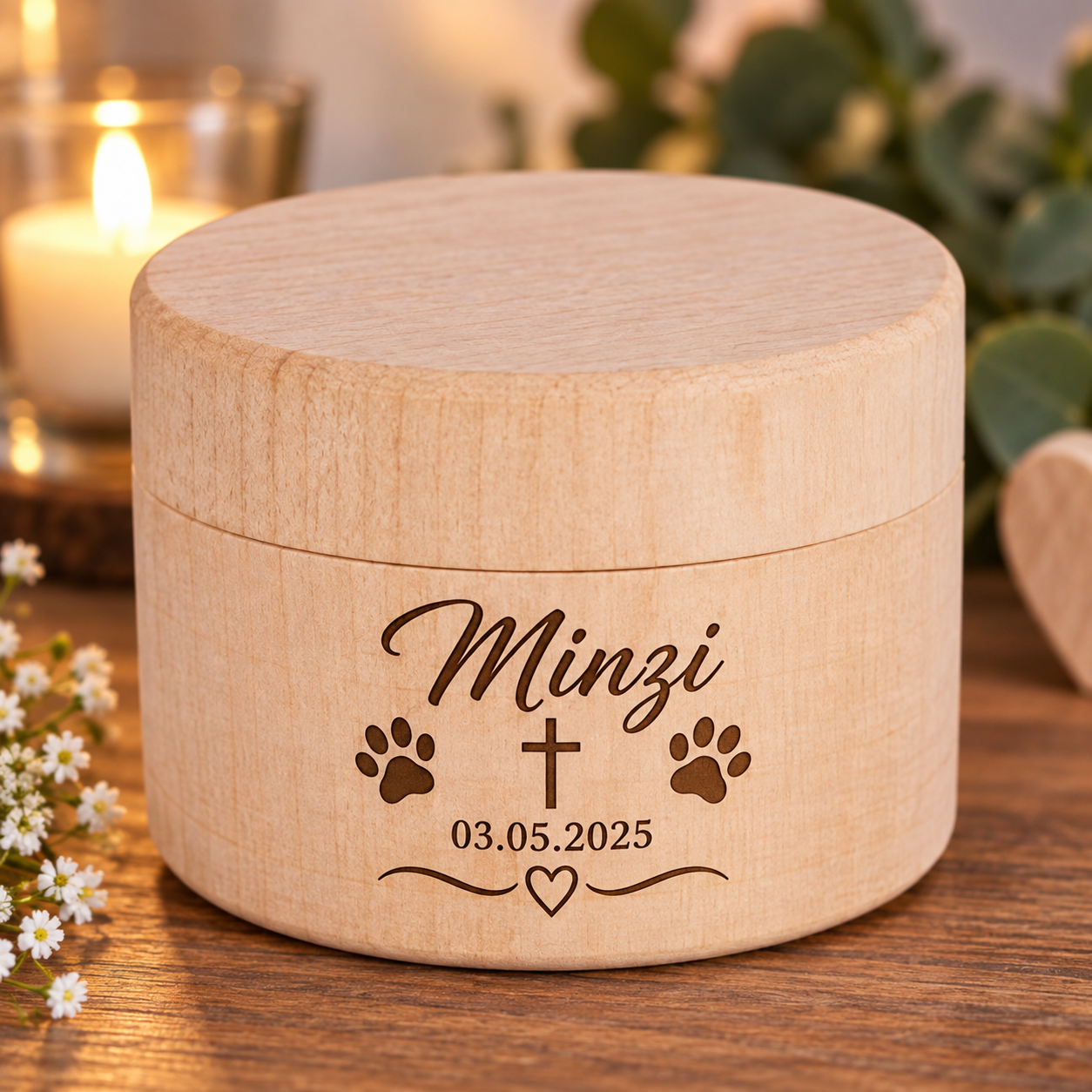 Personalisierte Tierurne aus Holz – Mini-Erinnerungsdose mit Name, Datum
