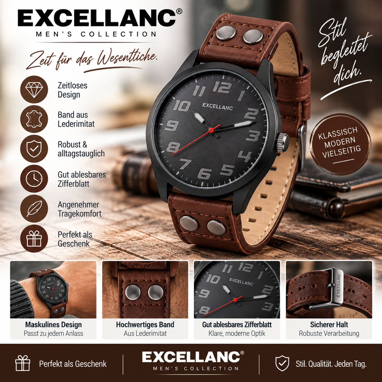 Excellanc Herrenuhr mit breitem Lederimitat-Armband – Schwarz