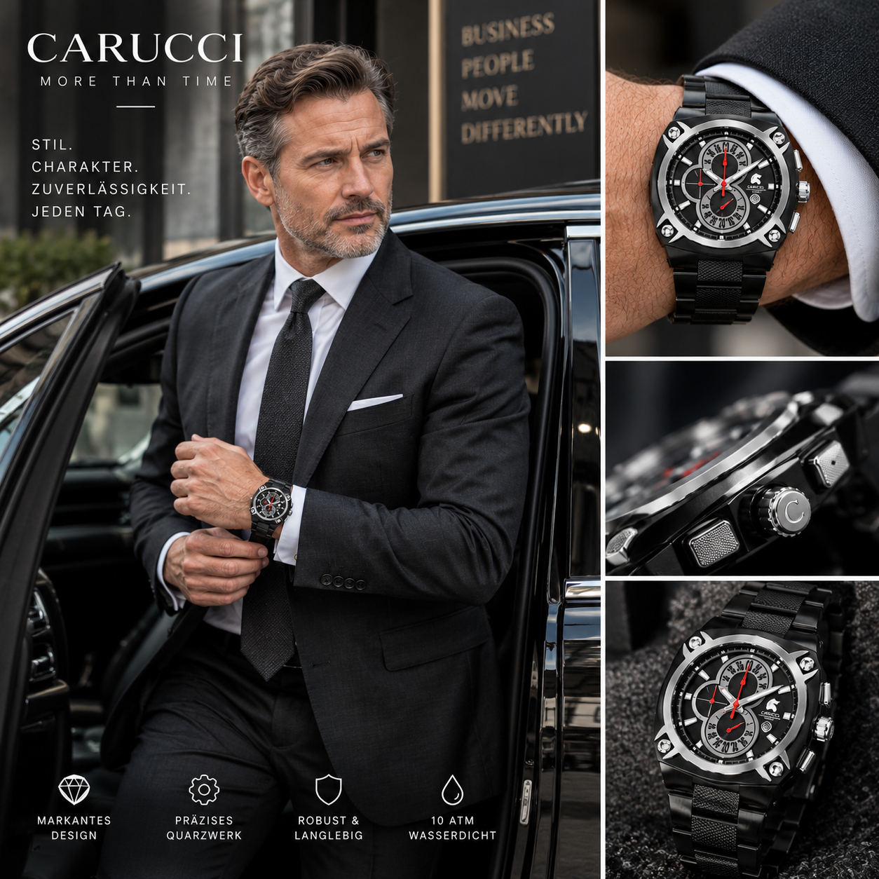 Titel: Carucci Chronograph Herrenuhr CA7109BK-BK – Schwarz, 46 mm, 10 ATM