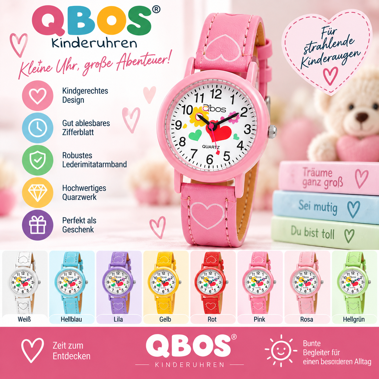 QBOS Kinderuhr mit Motivarmband Herz – 8 Farben zur Auswahl