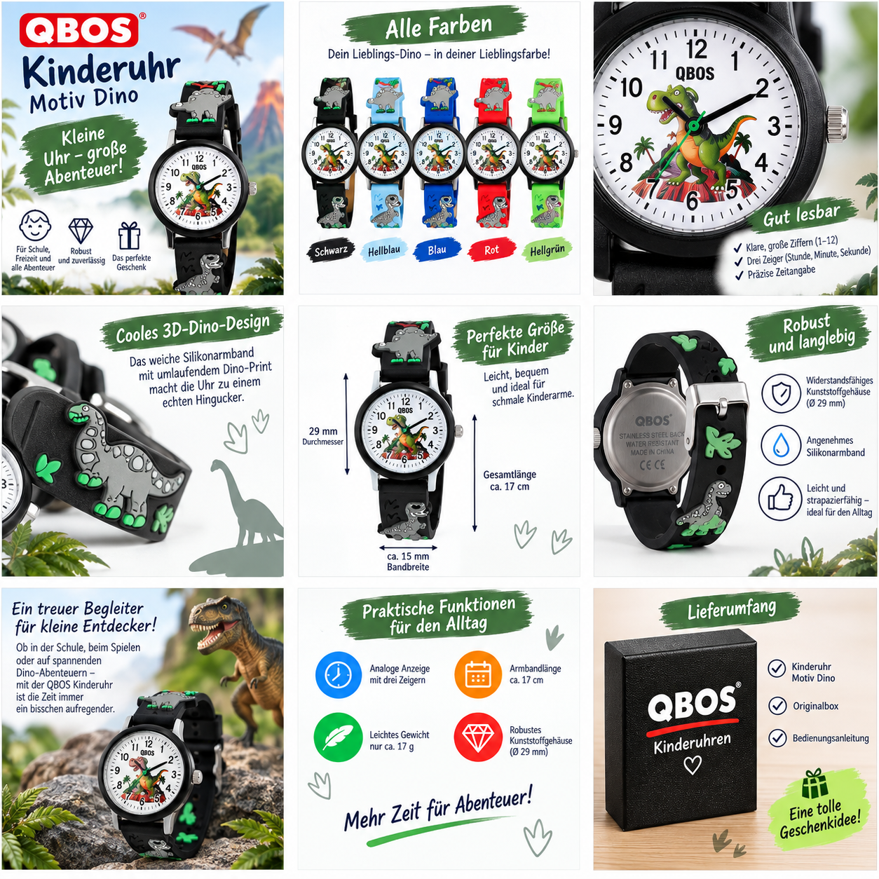 QBOS Kinderuhr mit 3D-Dino-Motiv & Silikonarmband – 5 Farben