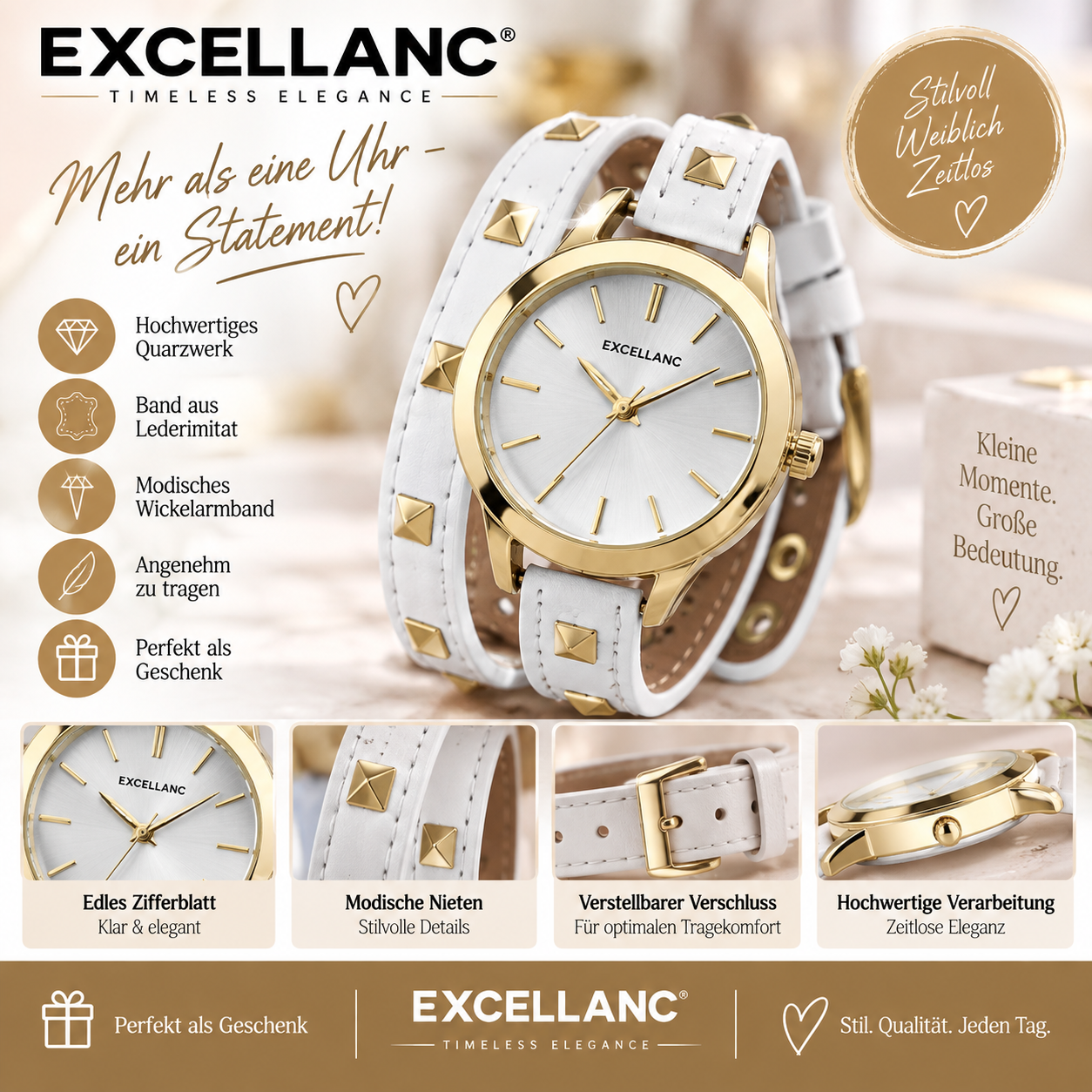 Excellanc Damenuhr mit Wickelarmband – Weiß/Gold