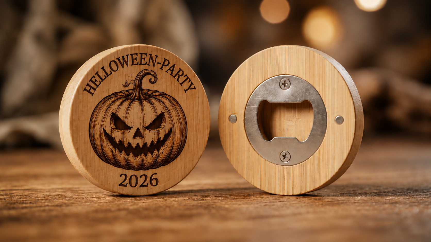 Holz-Flaschenöffner rund Helloween